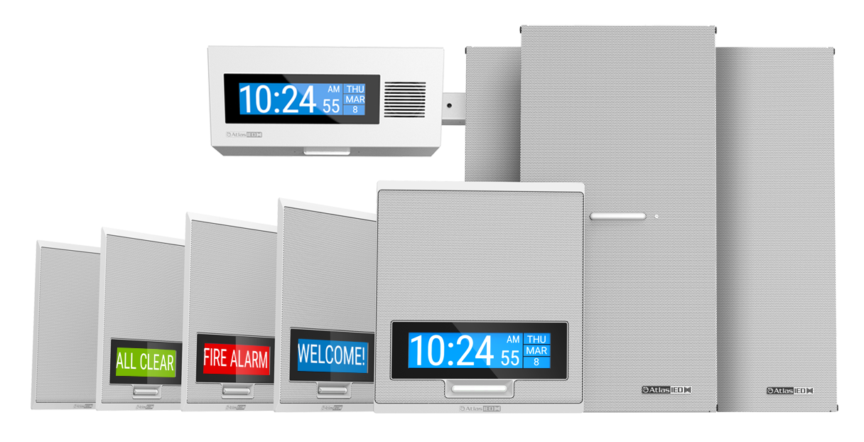 IPX series products showing IP-speakers, visual displays for paging or emergency messaging